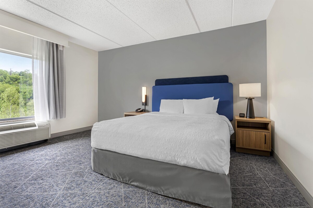 A hotel room with a bed, a nightstand, a lamp, and a view of greenery outside.