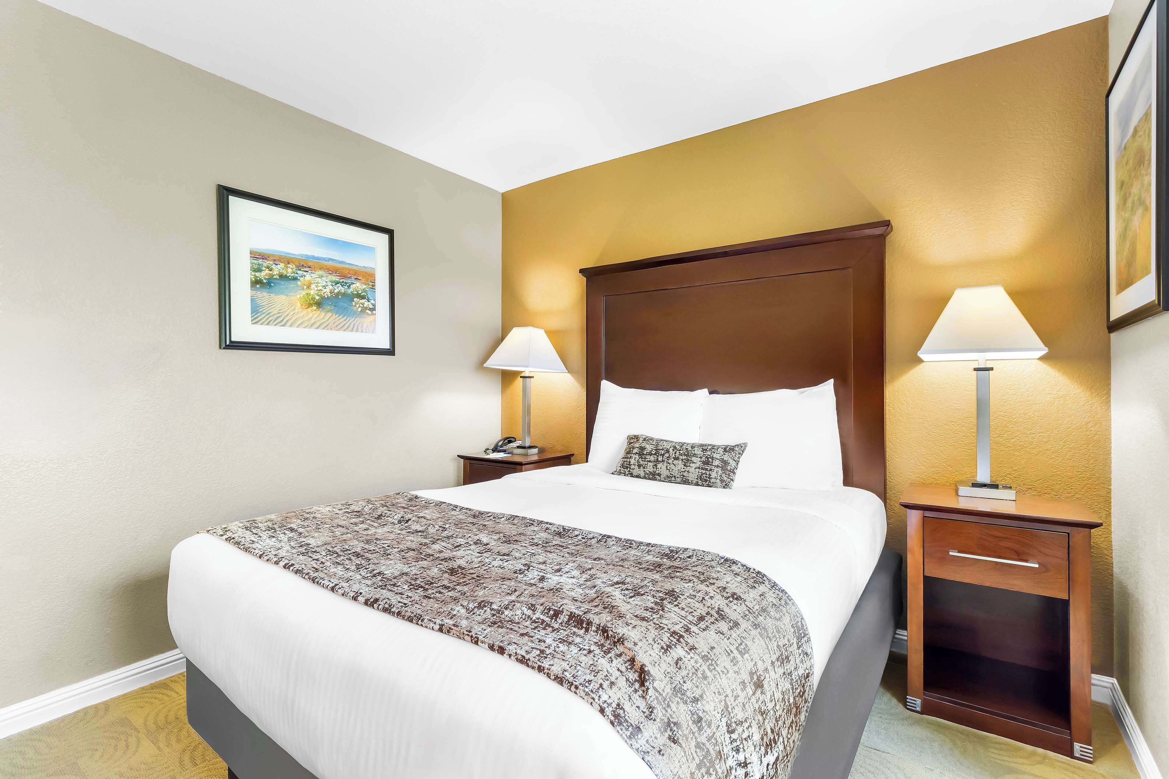 A hotel room with a large bed, two bedside tables with lamps, a framed picture on the wall, and a wooden headboard.