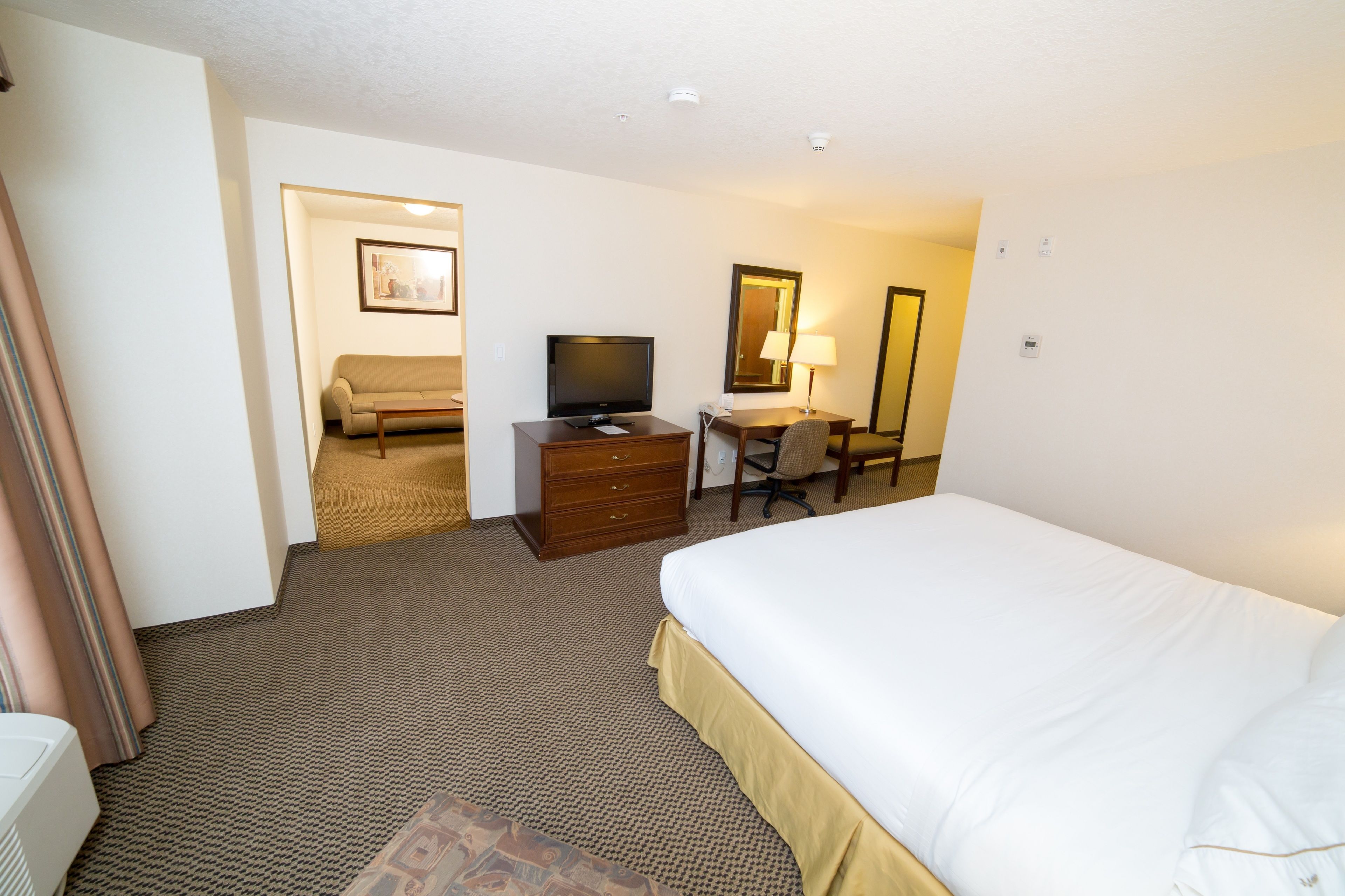 Una habitación de hotel con cama, escritorio, televisor, cómoda y espejo.