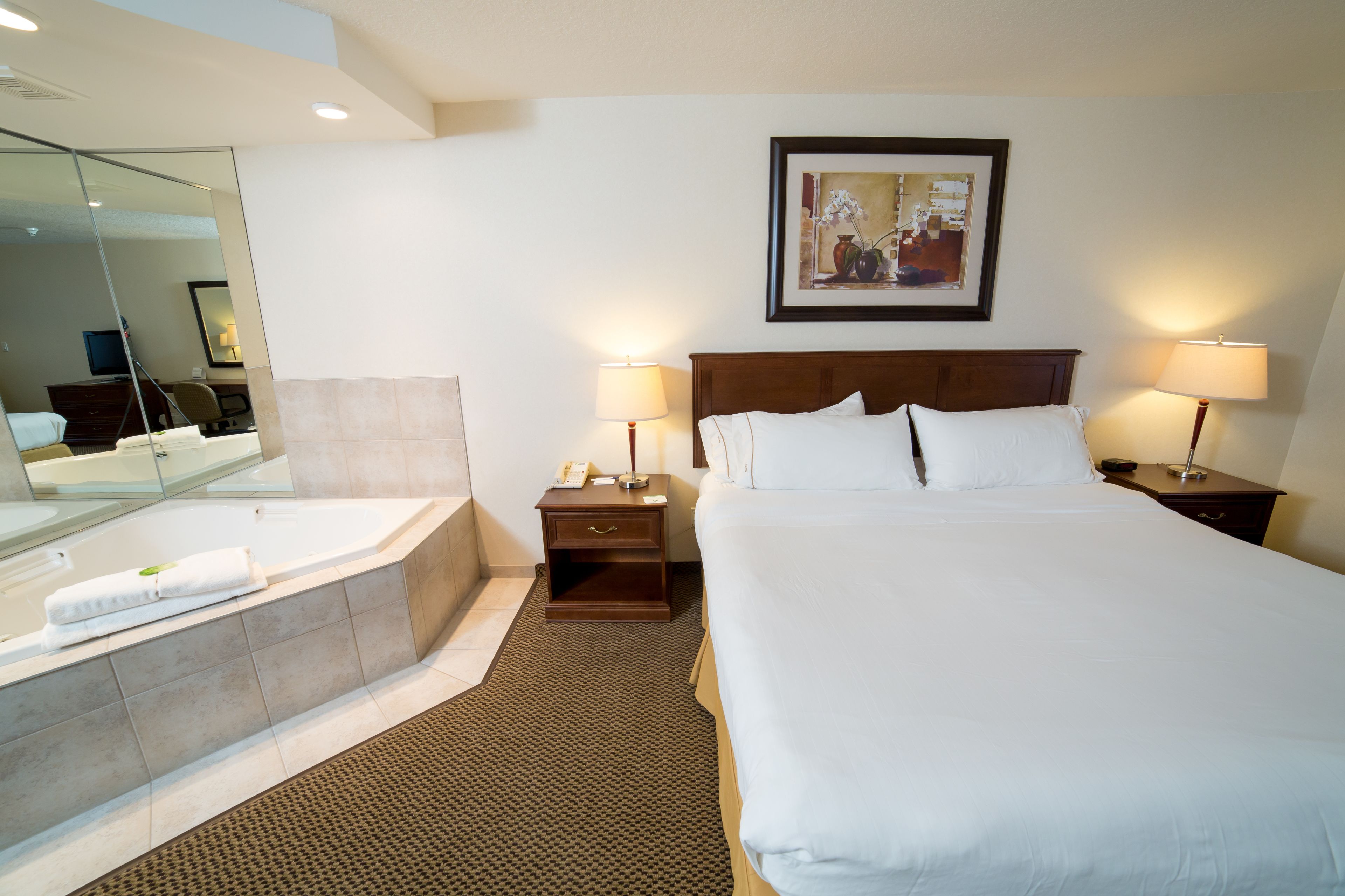 A hotel room with a large bed, a separate bathroom with a bathtub, a bedside table with a lamp, and a framed picture on the wall.