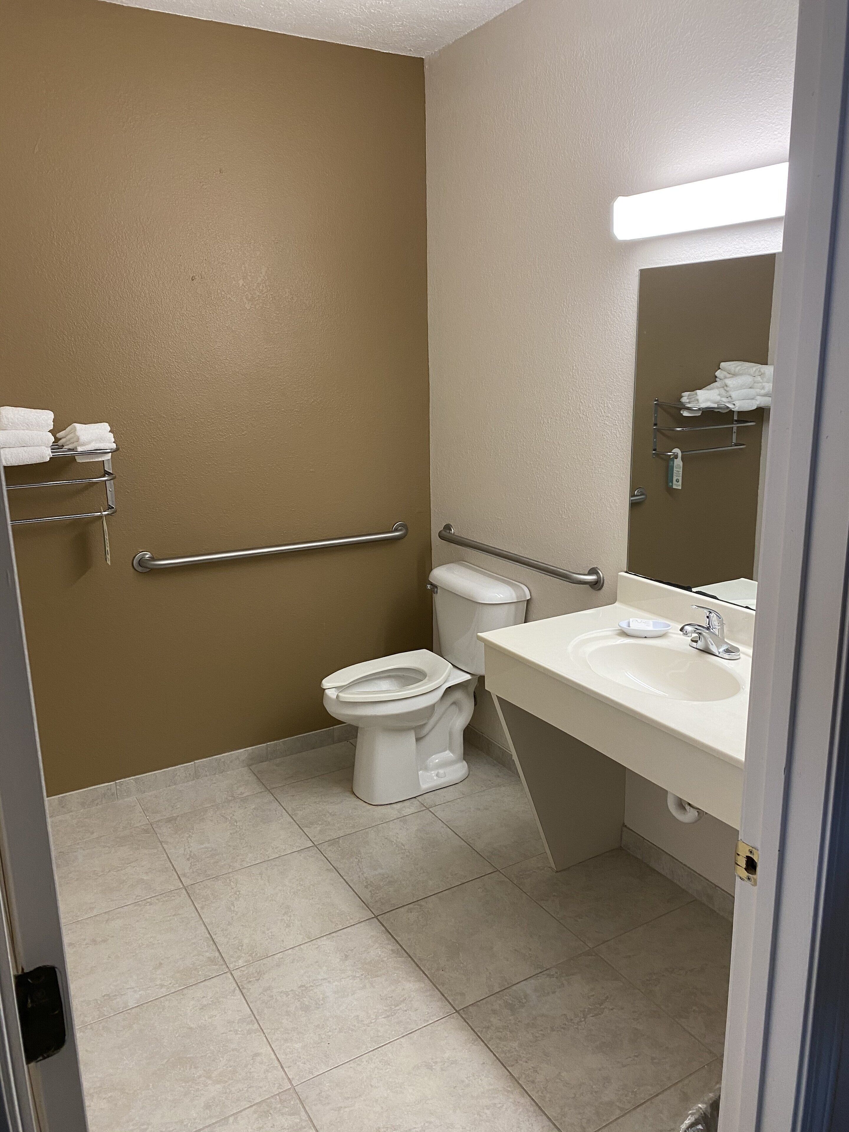 A bathroom with a toilet, a sink, and a mirror. There are handrails on the walls and a towel rack with towels.