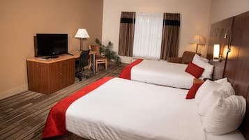 Premium bedding, pillowtop beds, desk, laptop workspace