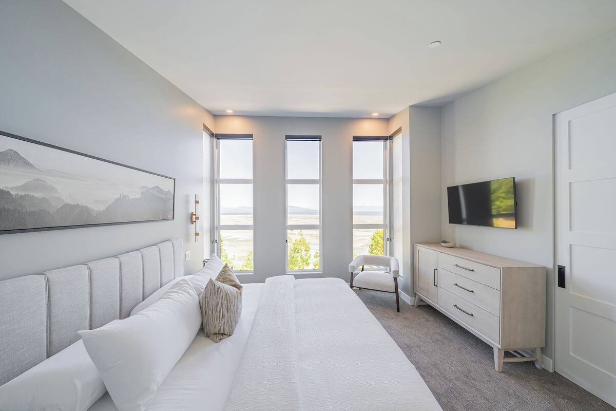 A modern bedroom with a large bed, a TV, and a view of the outdoors.