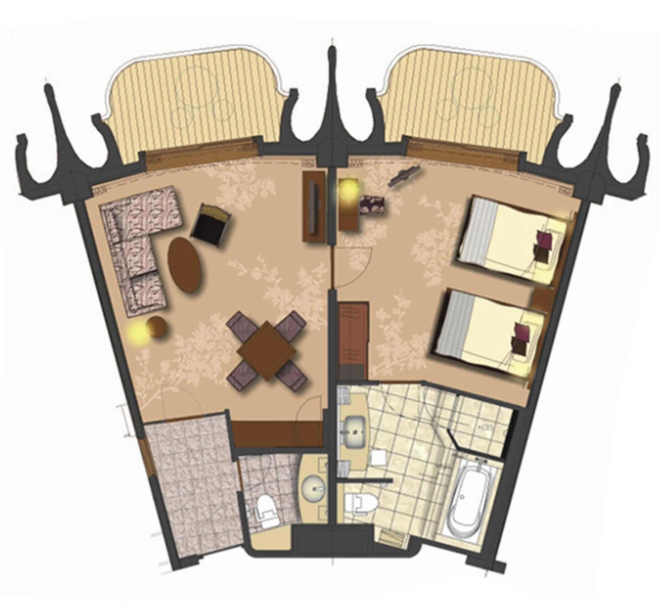 Plano de planta de un hotel que incluye una sala de estar, dos dormitorios, un baño y una cocina.