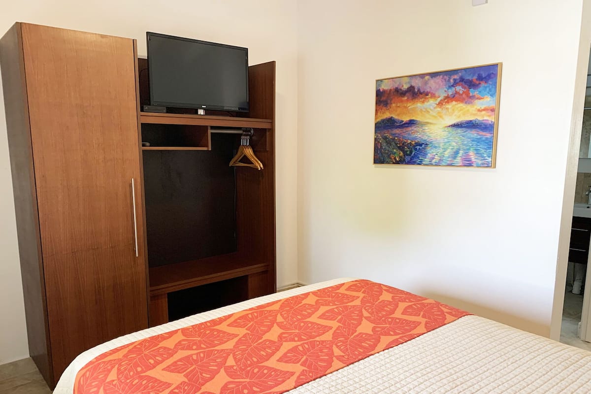 Habitación de hotel con cama, armario de madera, televisor y un cuadro en la pared.