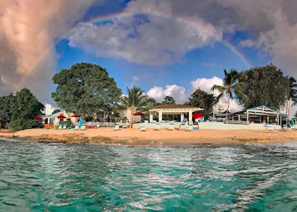 On the beach, sun loungers, beach umbrellas, beach towels