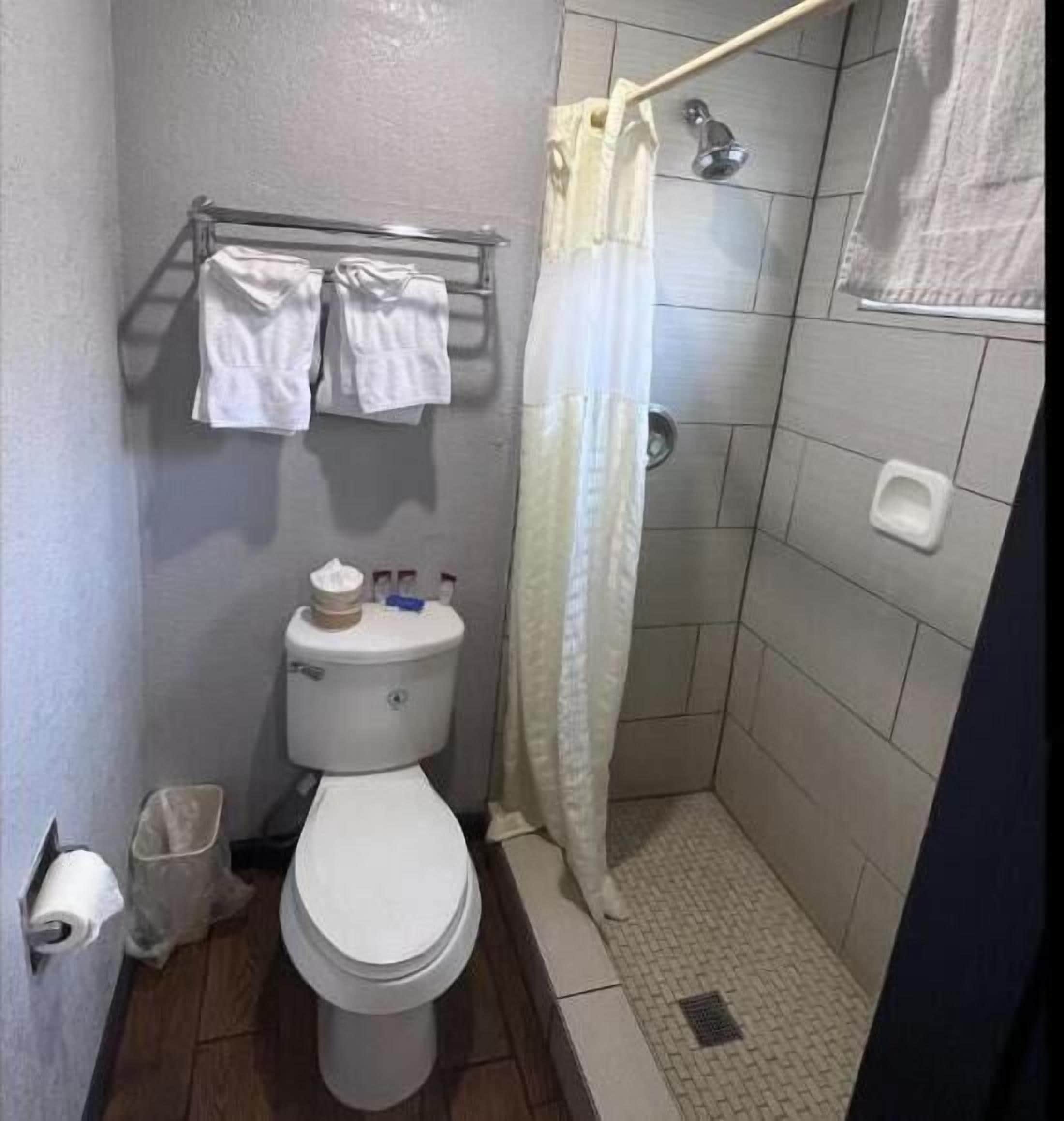 A small bathroom with a toilet, a shower curtain, and a towel rack.
