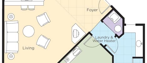 A floor plan of Wyndham Bali Hai Villas with a kitchen, living area, lanai, bedroom, bathroom, and laundry area.
