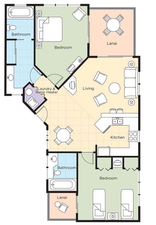 A floor plan with a bathroom, bedroom, lanai, living area, kitchen, and laundry area.