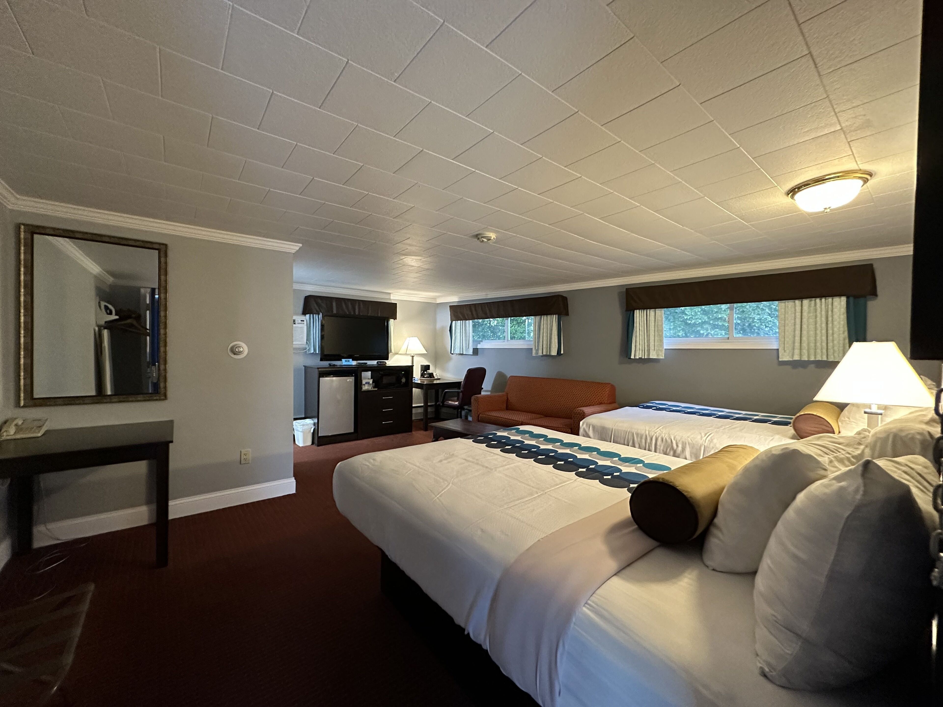 Quarto de hotel com uma cama grande, uma escrivaninha, uma televisão e um pequeno frigorífico.