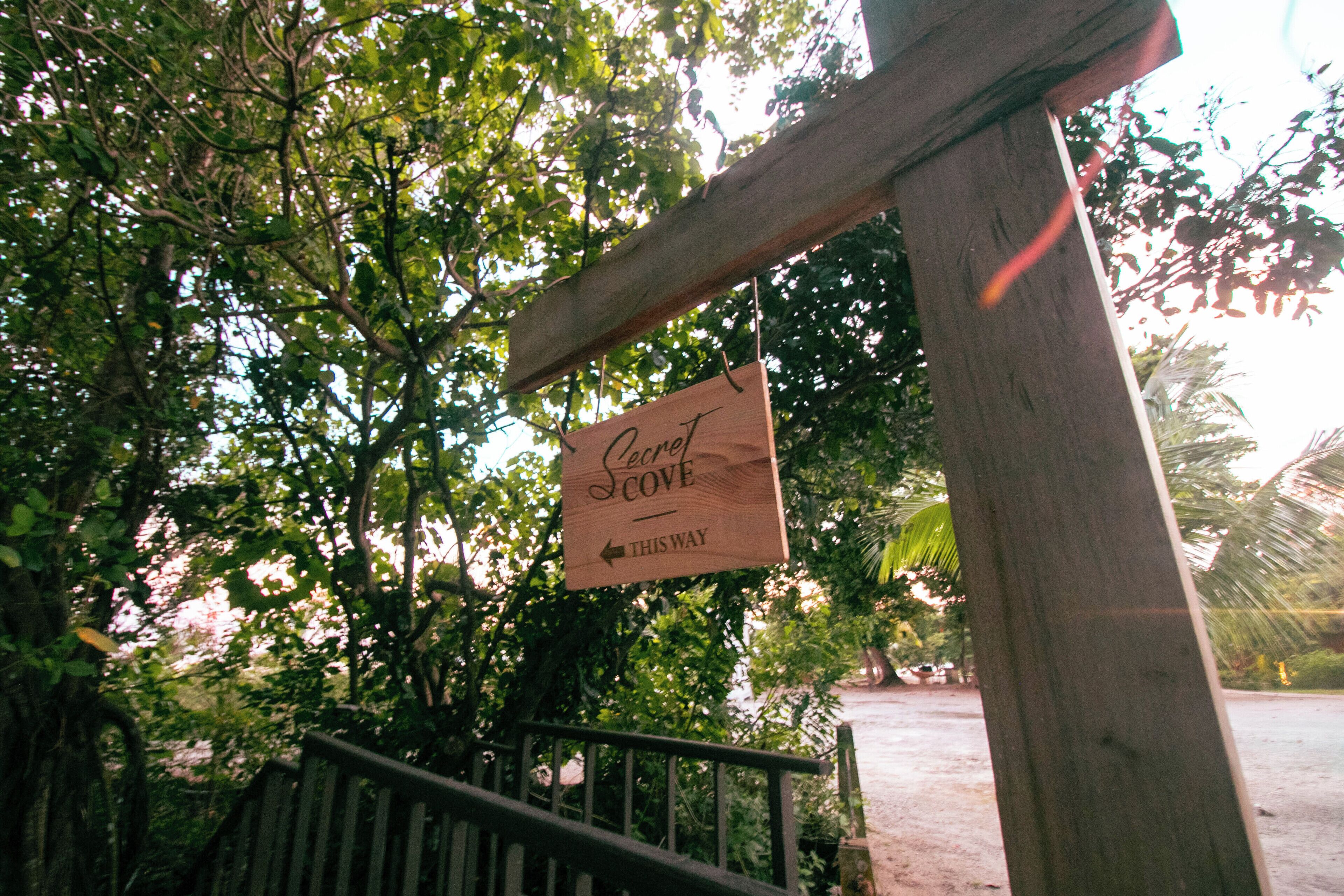 A wooden signpost with the text "Secret Cove" and an arrow pointing left, indicating a direction.