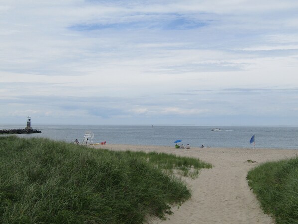 A beach path leading to the sea with a lighthouse in the distance.