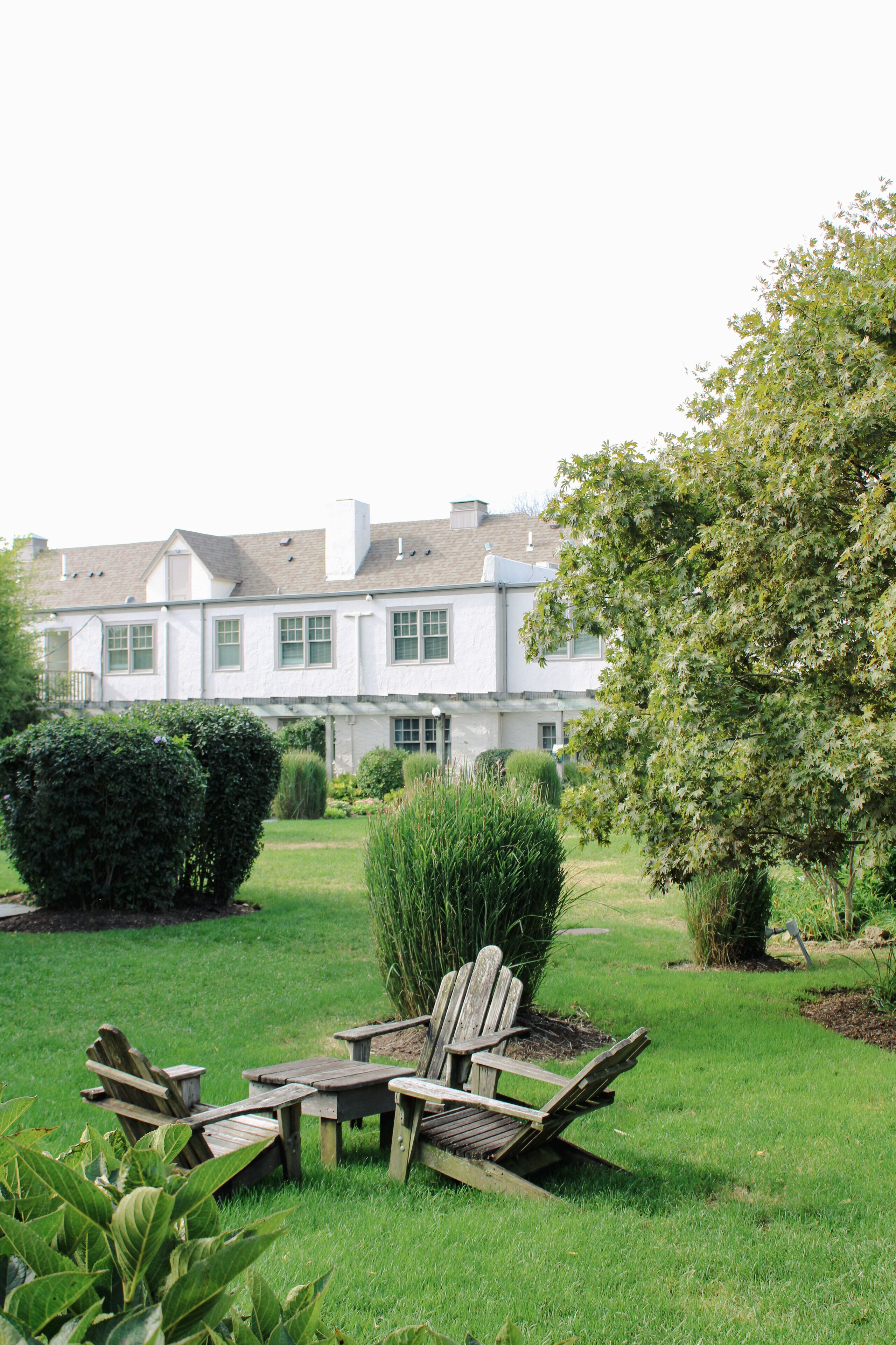 A house with a well-maintained lawn, two wooden Adirondack chairs, and a large tree.