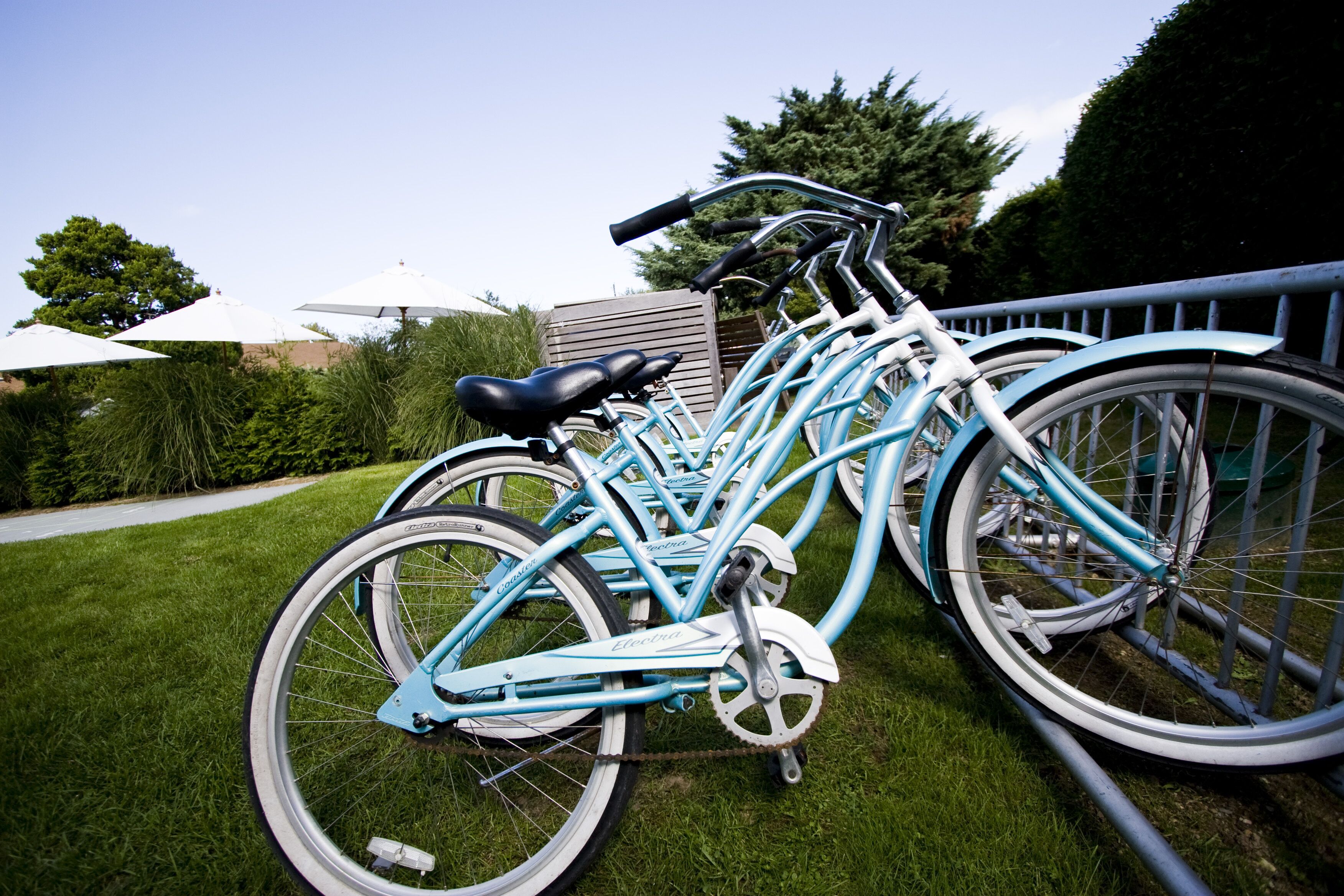 A row of light blue bicycles parked on a grassy lawn.