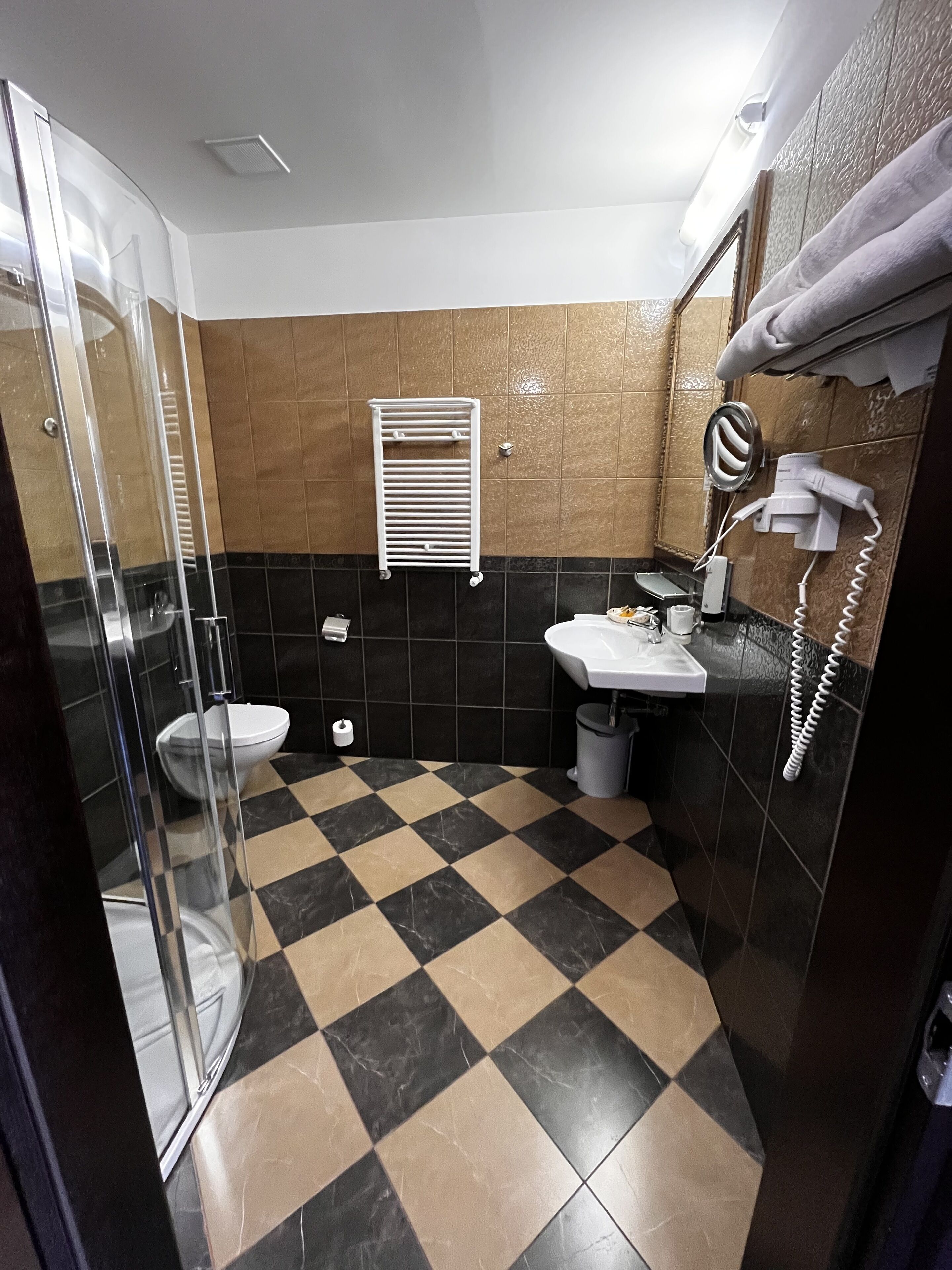 Ein Badezimmer mit Schachbrettfußboden, Toilette, Waschbecken, Handtuchhalter und Haartrockner.