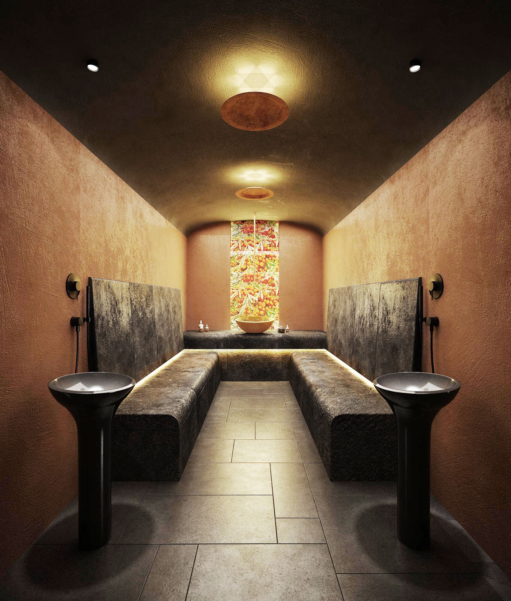 Une salle de bain moderne avec deux lavabos, un mur décoratif central et un plafond à texture.