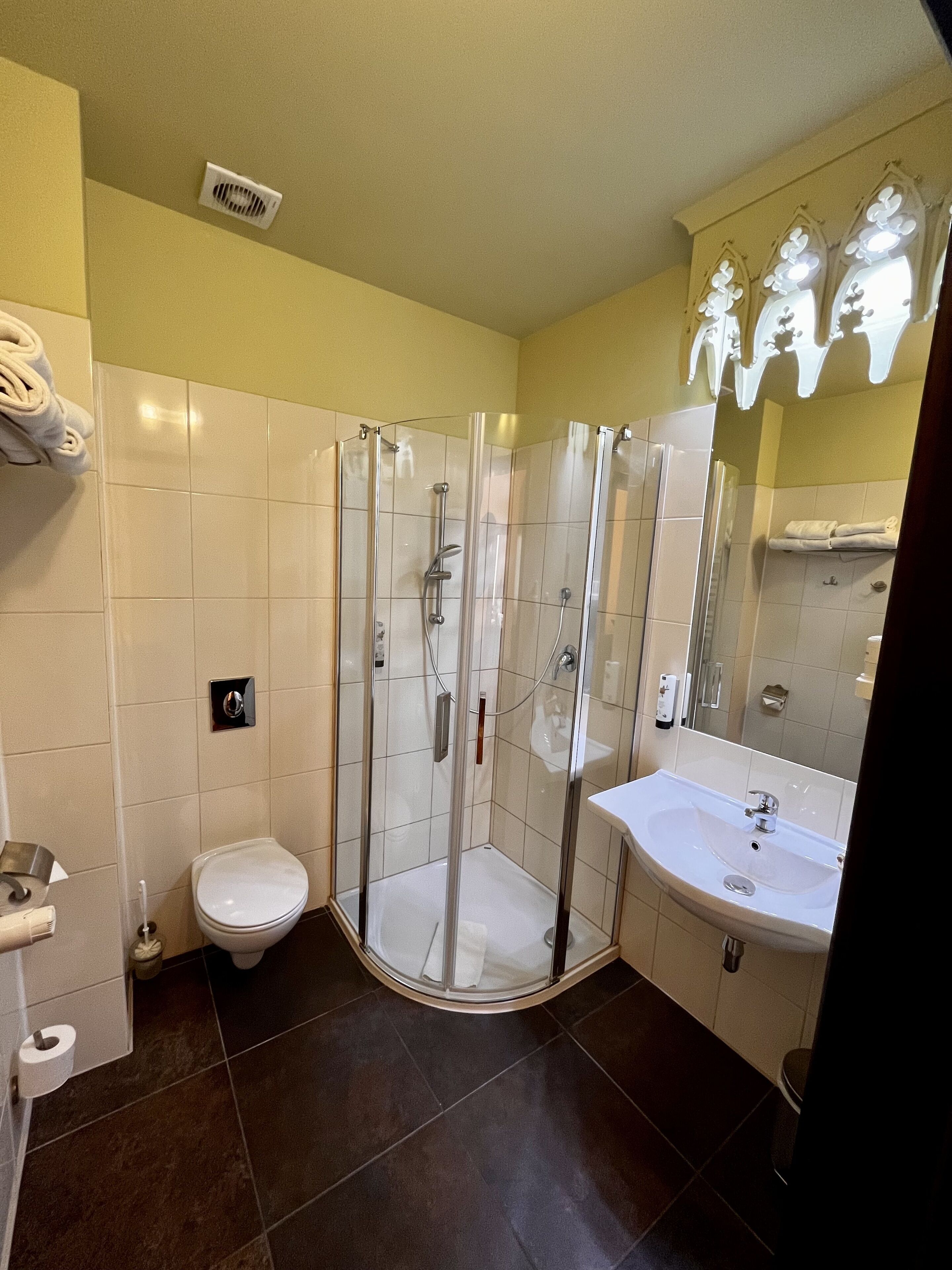 A bathroom with a glass-enclosed shower, a toilet, and a sink with a mirror above.
