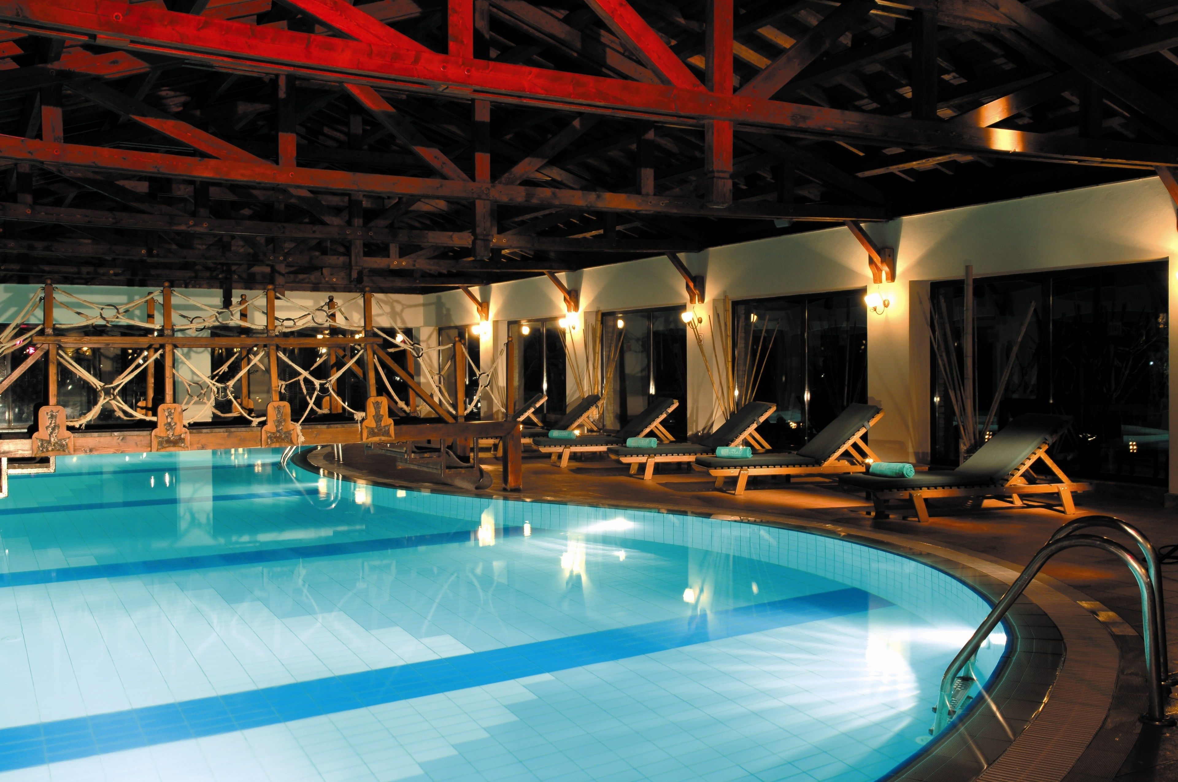 Indoor pool, outdoor pool, pool umbrellas, pool loungers