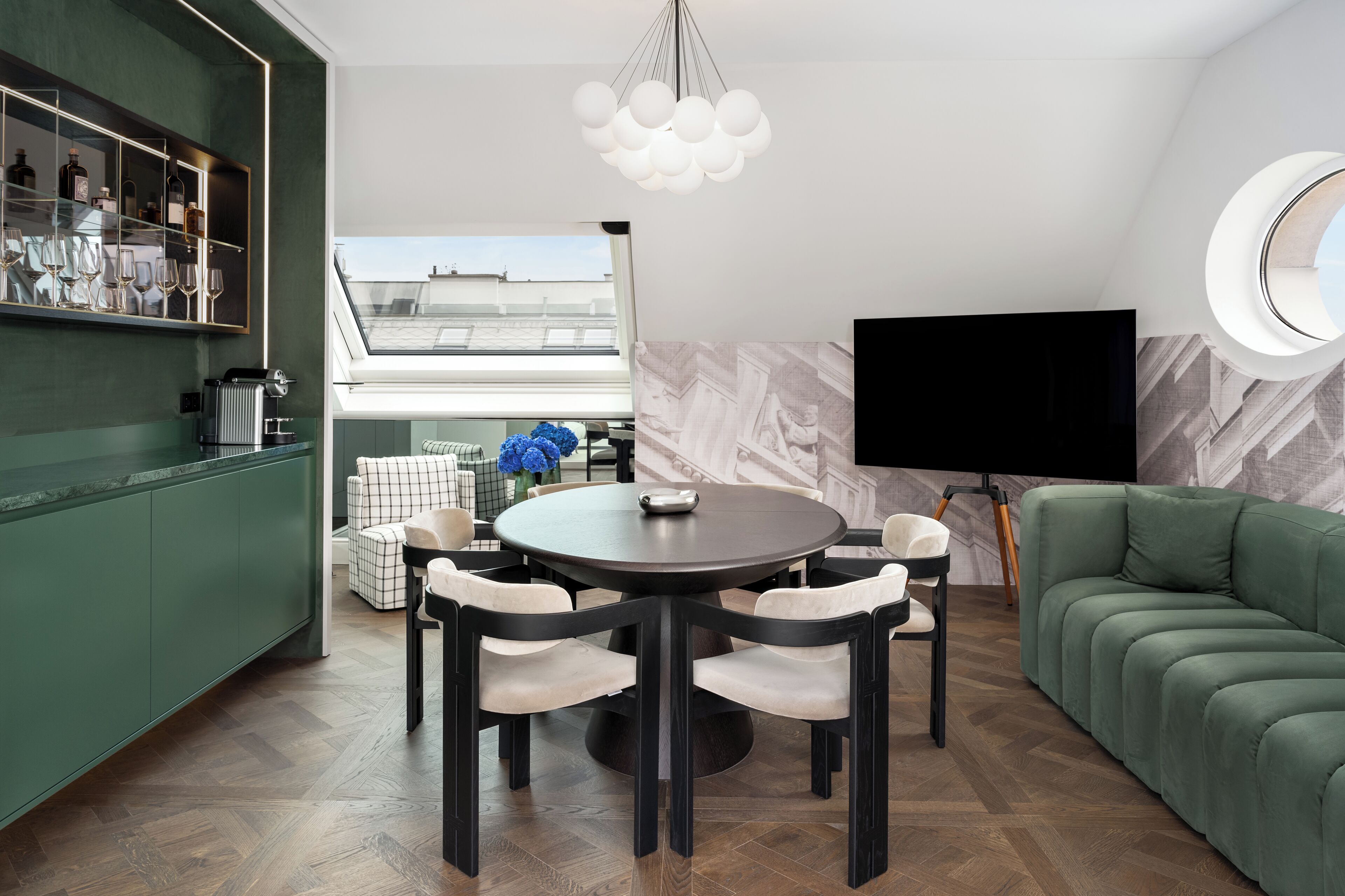 Luxury Suite | Living area | 65-inch flat-screen TV with digital channels, TV, offices