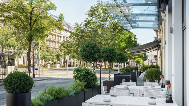 Een terras met tafels voor twee personen, omringd door groen en met uitzicht op een straat met gebouwen.