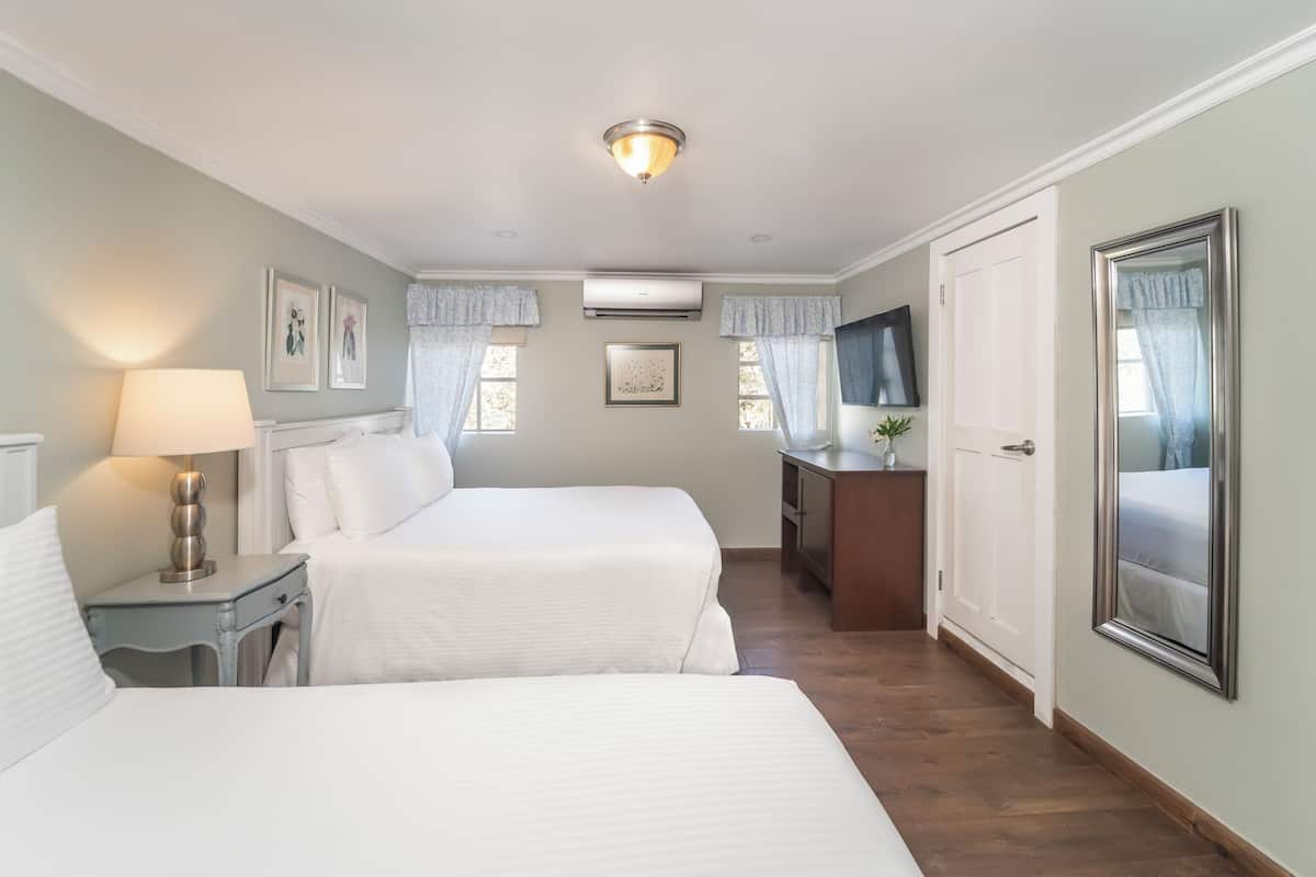 A hotel room with two beds, a desk, an air conditioning unit, a TV, and a door.