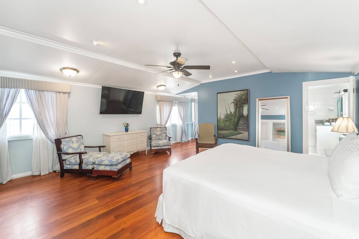 A bedroom with a large bed, a ceiling fan, a TV, and a desk area.