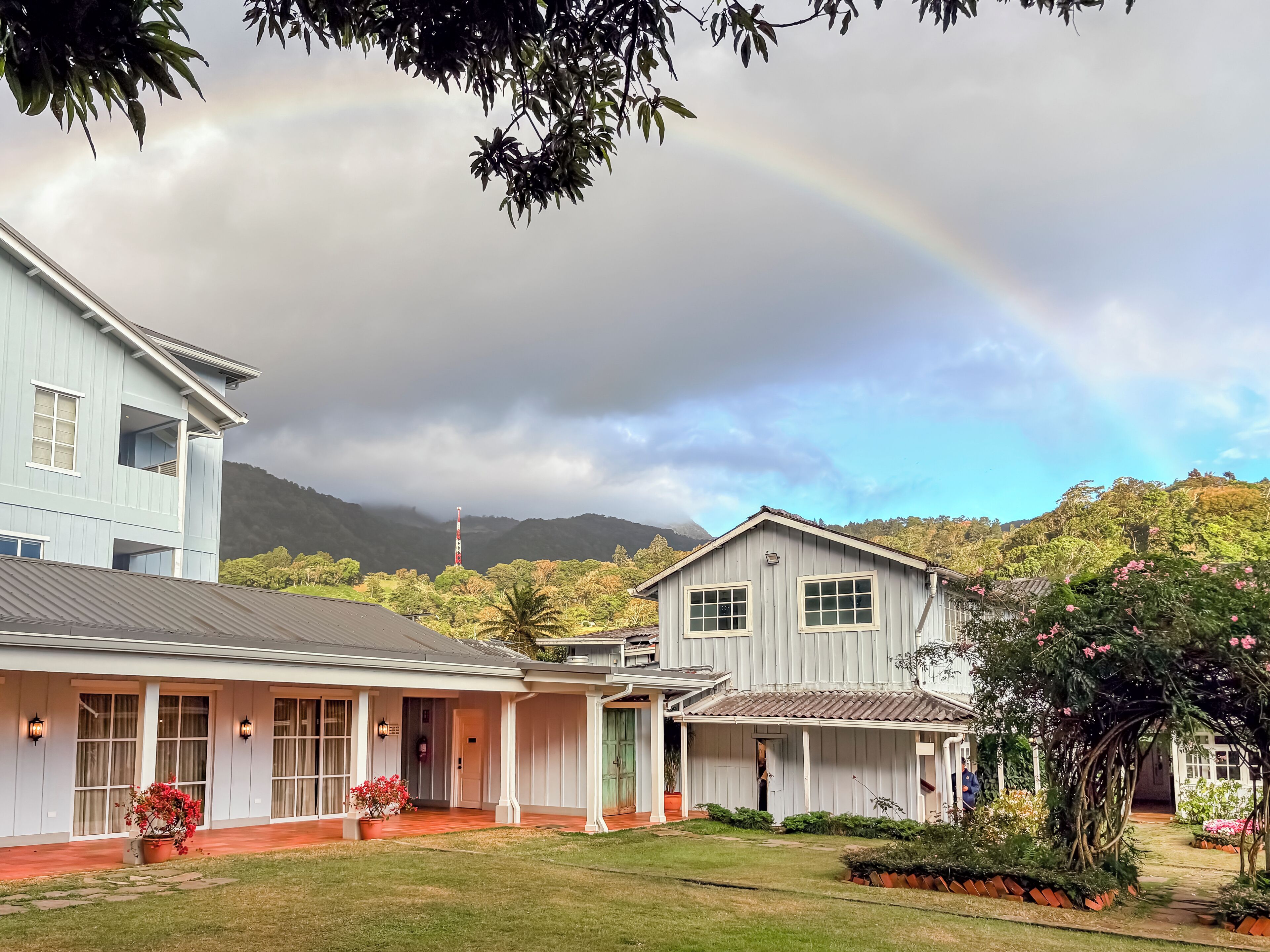 A residential area with houses, a garden, and a mountain backdrop.