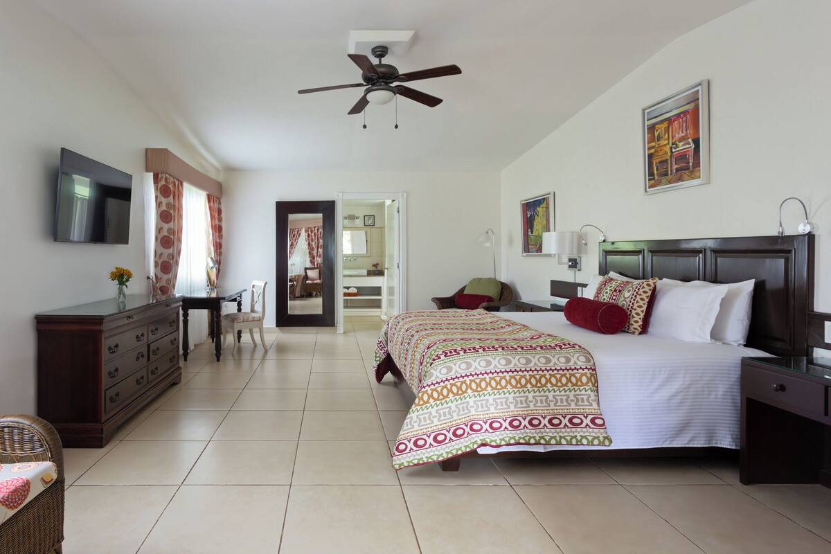 A bedroom with a bed, a dresser, a television, a ceiling fan, and a door leading to another room.