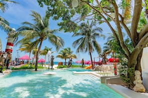 Outdoor pool, pool umbrellas, pool loungers