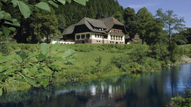 A large, traditional chalet with multiple windows and a sloped roof, situated by a calm river with lush greenery and trees in the background. - Hotel Ochsenwirtshof (Bad Rippoldsau-Schapbach)