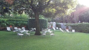 Un espacio al aire libre con mesas y sillas dispuestas bajo un árbol grande, rodeado de setos bien cuidados y vegetación.