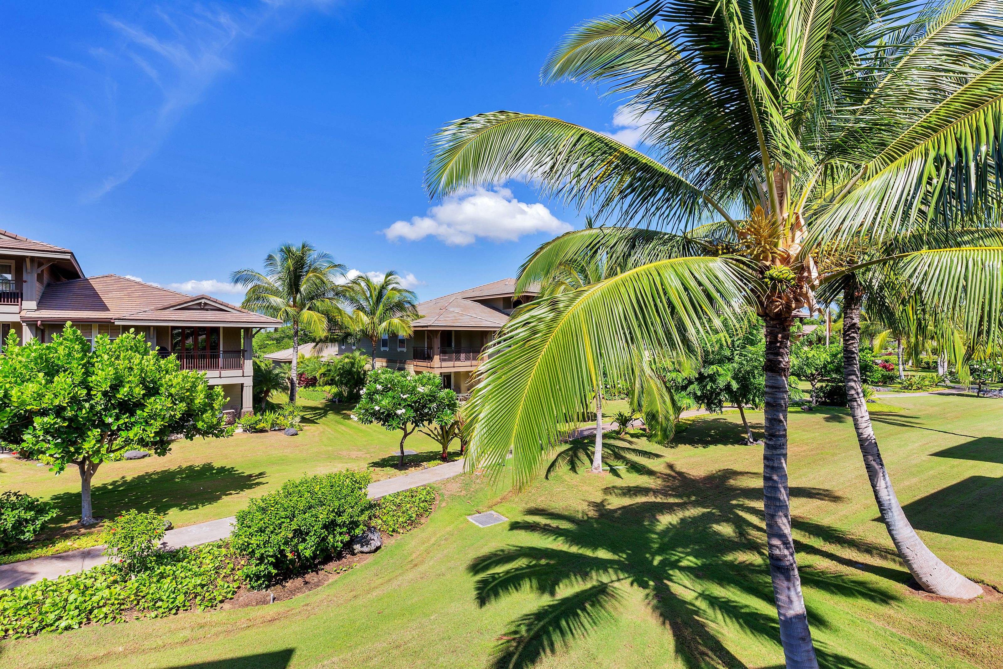 A resort with multiple buildings, palm trees, and well-maintained lawns.