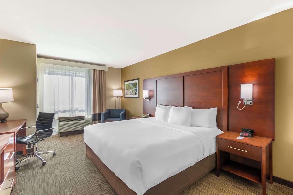 A hotel room with a large bed, a desk, a chair, a nightstand, and a wall-mounted phone.