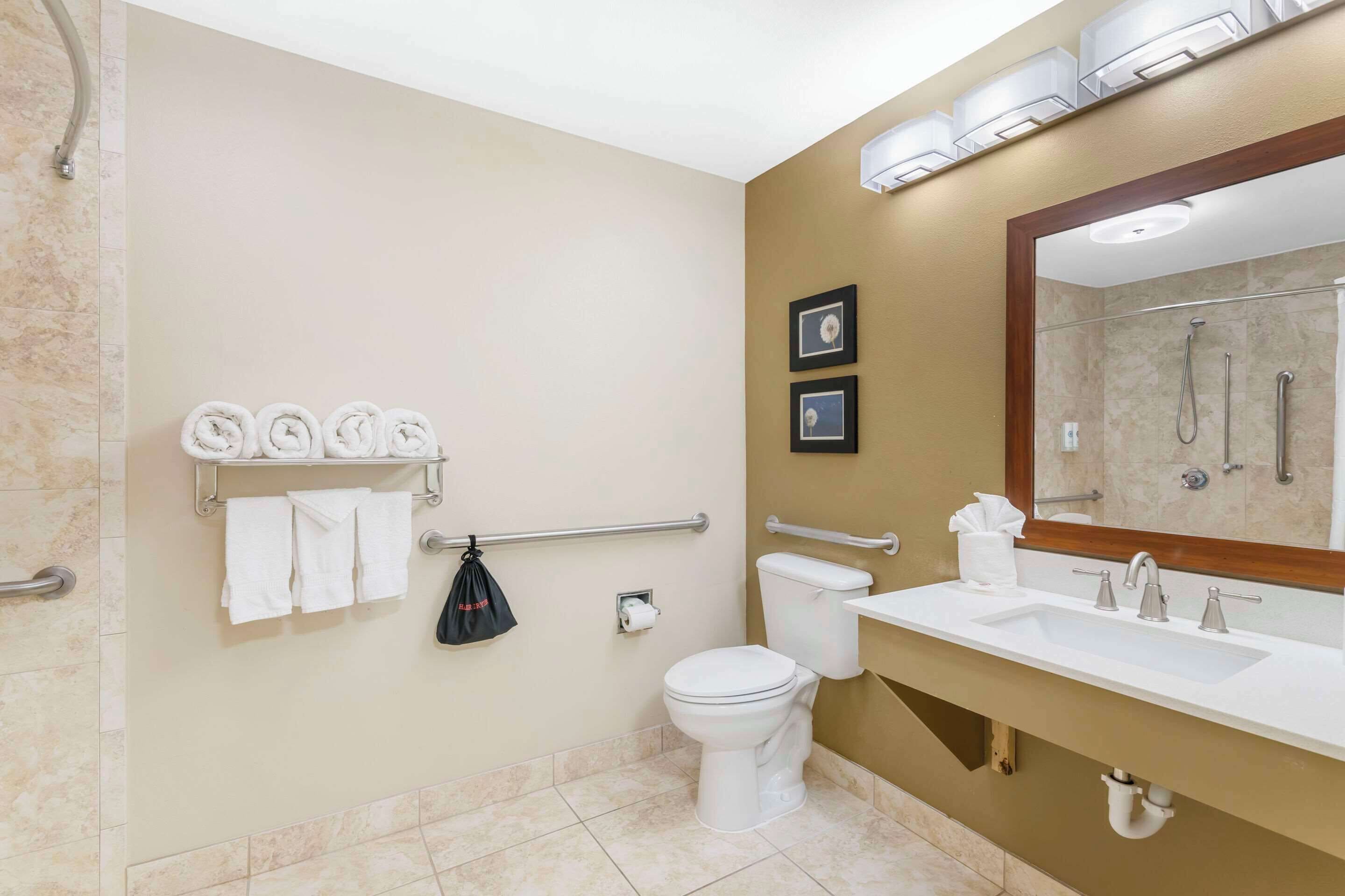 combined shower/bathtub, hair dryer, towels