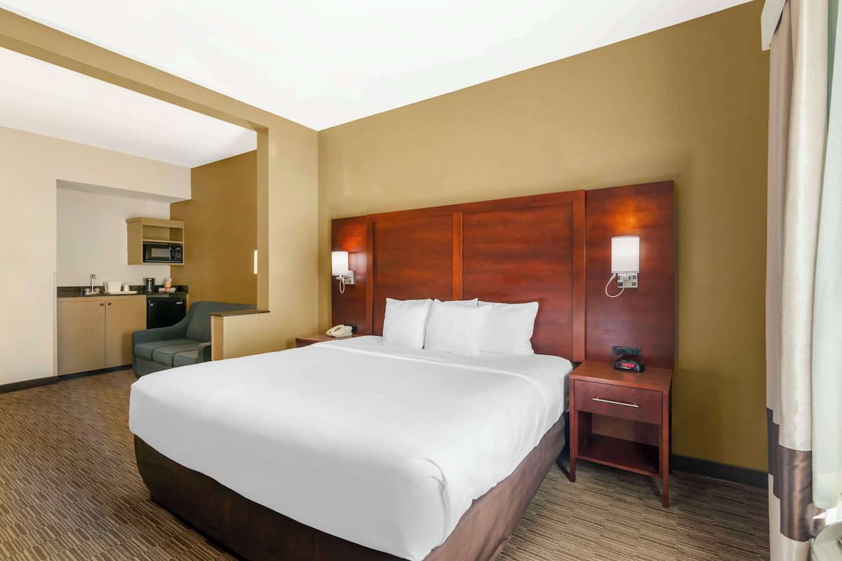 A hotel room with a large bed, a desk with a telephone, a microwave, and a chair.