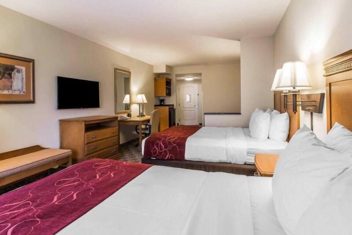 A hotel room with two beds, a desk, a chair, a television, and a door.
