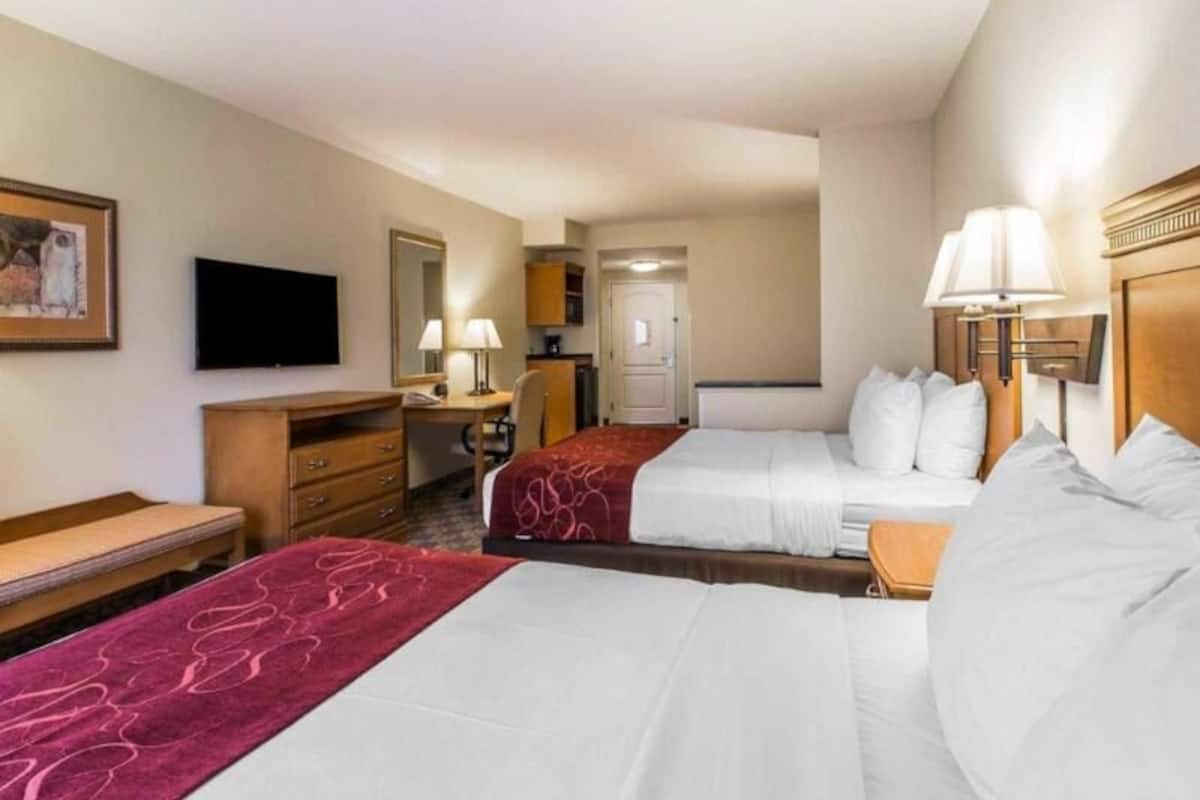 Premium bedding, desk, laptop workspace, blackout drapes