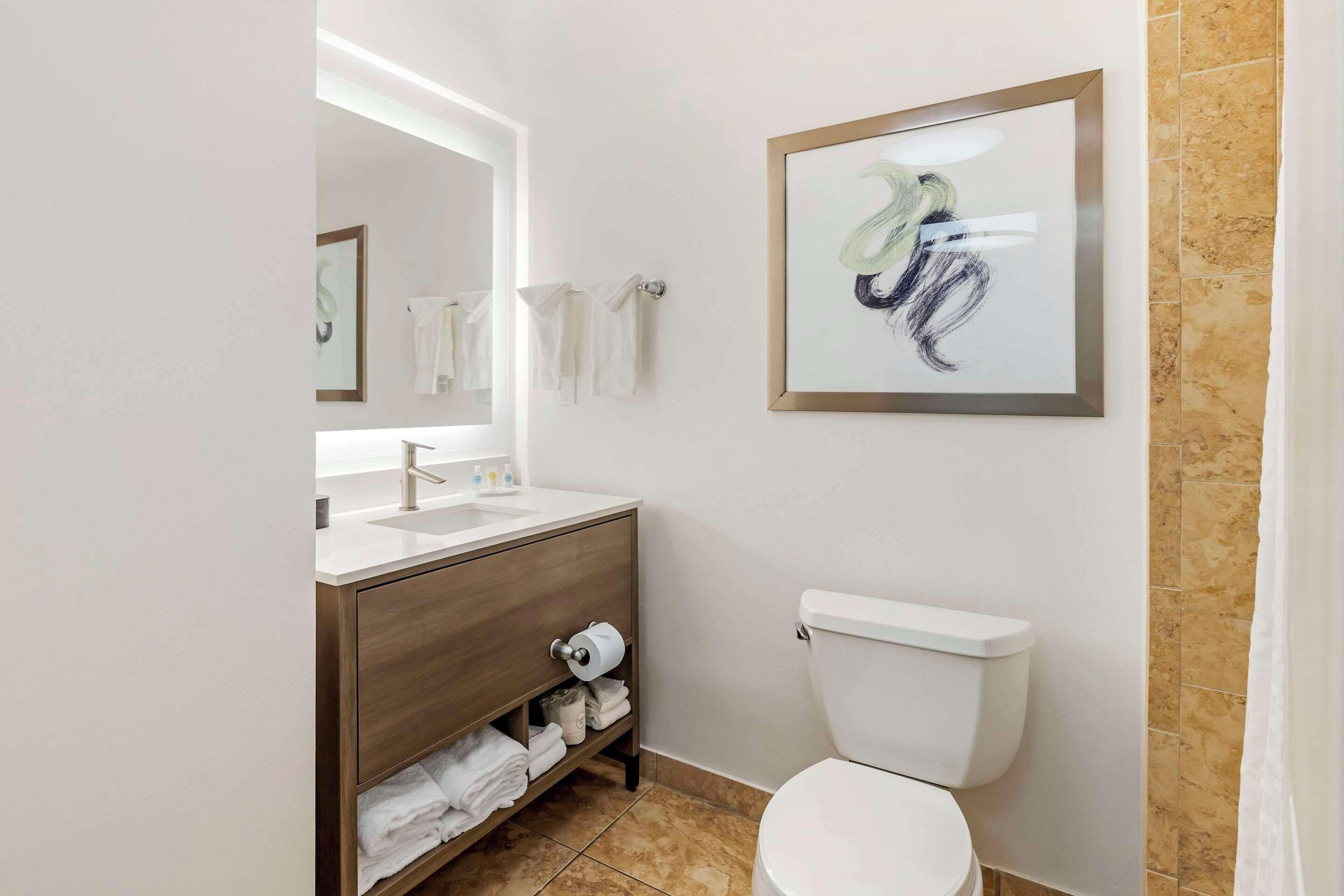 A modern bathroom with a white toilet, a wooden vanity with a mirror, and a framed artwork on the wall.