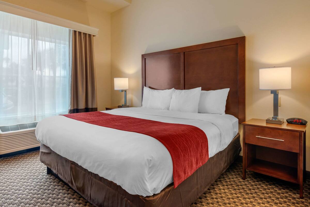 A hotel room with a large bed, two bedside tables with lamps, a red throw blanket, and a window with curtains.