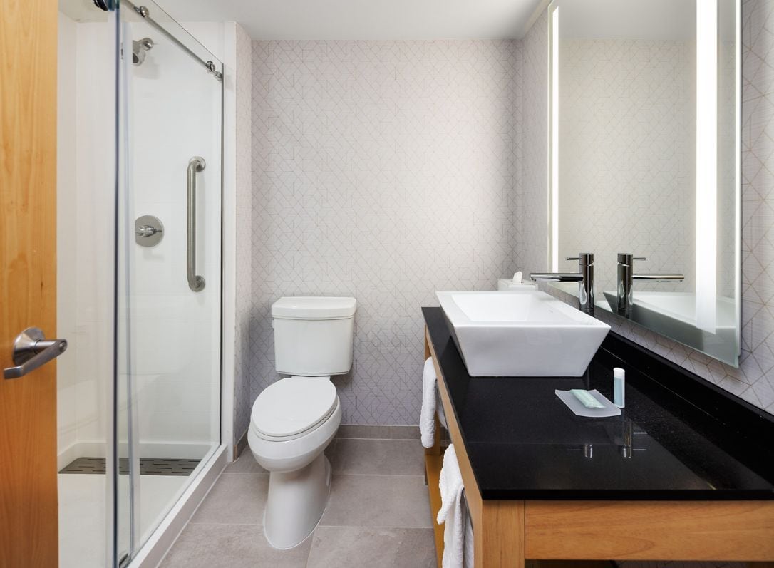 A modern bathroom with a glass shower enclosure, a white toilet, a black countertop with a sink, and a large mirror.