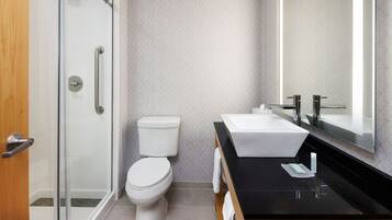A modern bathroom with a glass shower enclosure, a white toilet, a black countertop with a sink, and a large mirror.