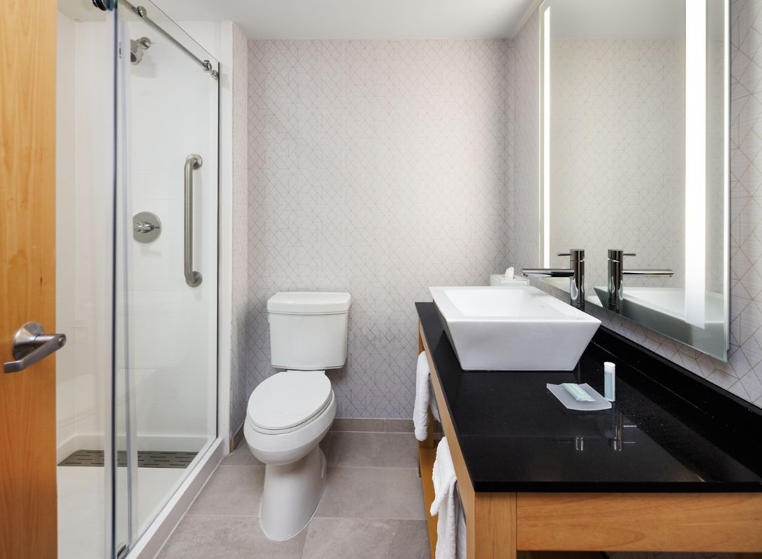 A modern bathroom with a glass shower enclosure, a white toilet, a black countertop with a sink, and a large mirror.