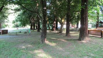 A park with picnic tables, benches, and a playground area.