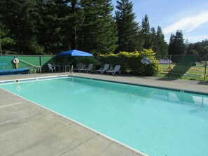 A swimming pool with a blue canopy, lounge chairs, and a fenced area with trees in the background.