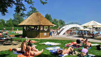 Seasonal outdoor pool, pool umbrellas, sun loungers