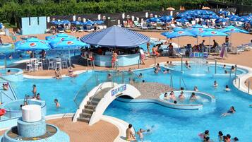 Seasonal outdoor pool, pool umbrellas, pool loungers