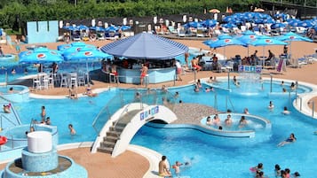 Seasonal outdoor pool, pool umbrellas, pool loungers
