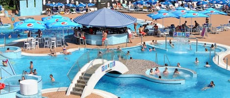 Seasonal outdoor pool, pool umbrellas, pool loungers