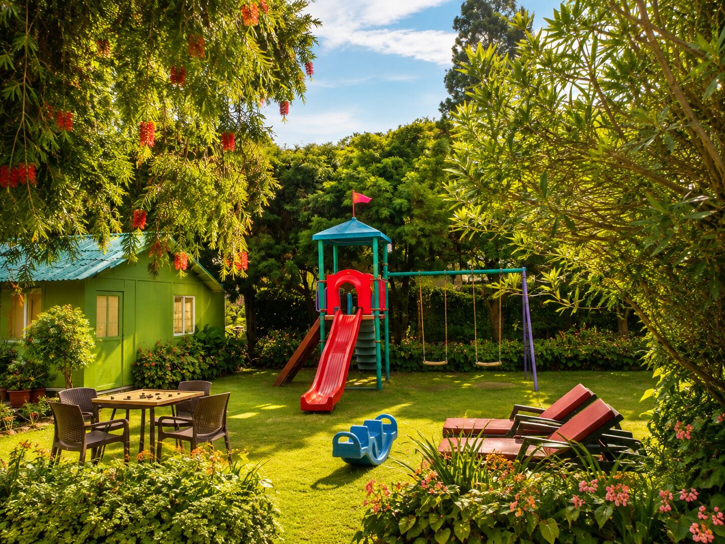 A green playhouse with a slide, a swing set, and a chess table in a lush garden.