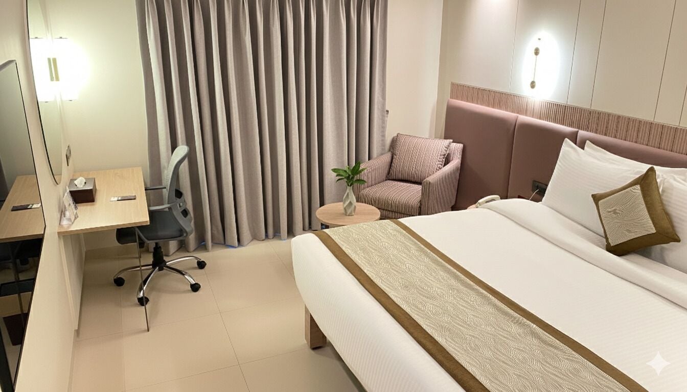 Una habitación de hotel con una cama, un escritorio, una silla y una mesita con una planta.